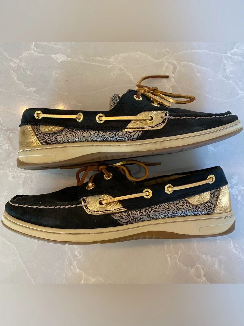 Sperry Women’s Angelfish Top-Sider Black & Gold Paisley Leather Boat Shoes size8